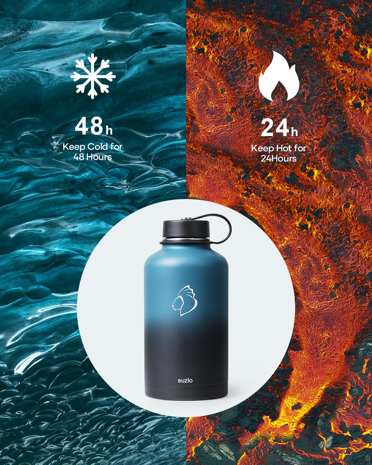 Buzio Insulated Water Bottle With Straw Lid And Flex Cap, 64Oz Double Wall Vacuum Stainless Steel Water Thermo Wide Mouth Lid, C